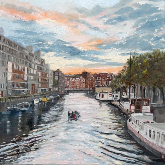The artist signing their work as D Amsterdam Original Irish art oil painting of Amsterdam waterways boats river boats urban art beautiful piece of art by contemporary Irish artist D Kilbaha Gallery Ireland