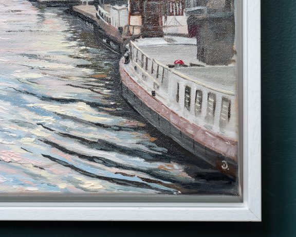 The artist signing their work as D Amsterdam Original Irish art oil painting of Amsterdam waterways boats river boats urban art beautiful piece of art by contemporary Irish artist D Kilbaha Gallery Ireland