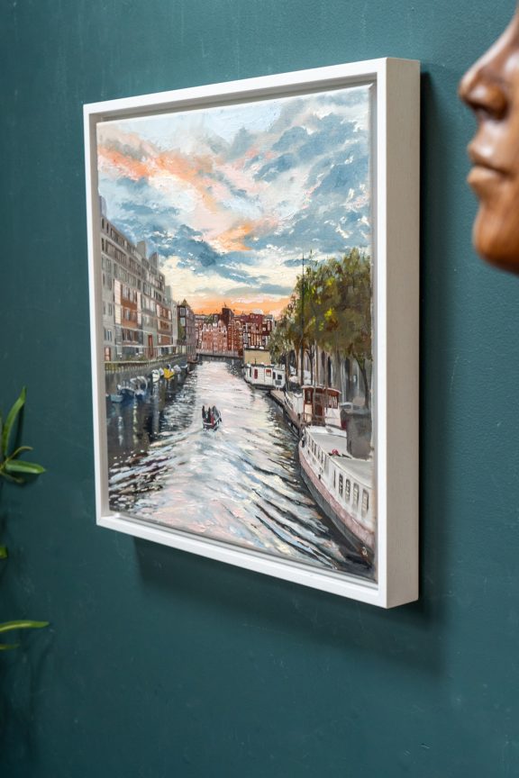 The artist signing their work as D Amsterdam Original Irish art oil painting of Amsterdam waterways boats river boats urban art beautiful piece of art by contemporary Irish artist D Kilbaha Gallery Ireland