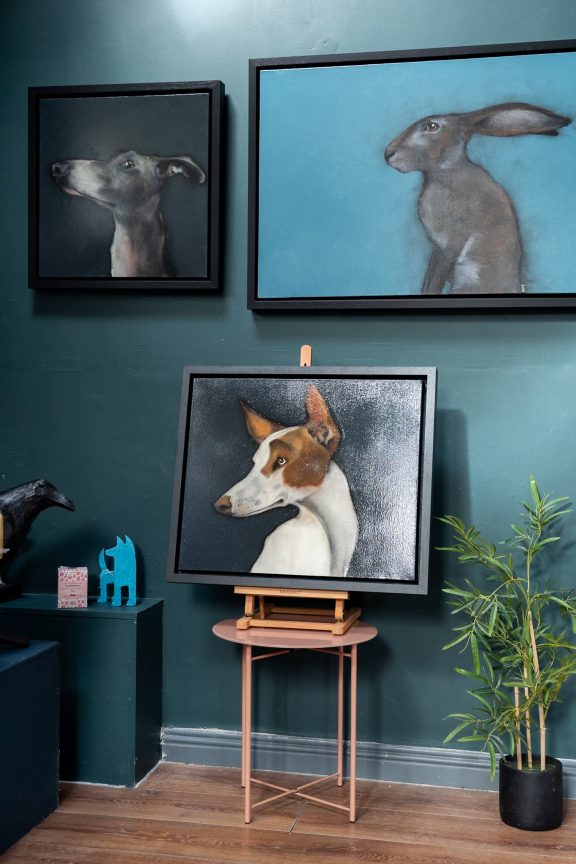 Heidi Wickham dog on black beautiful painting in acrylics original Irish art terrier dog face Irish art and Interiors beautiful homes gorgeous spaces contemporary art kilbaha gallery