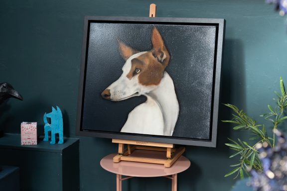 Heidi Wickham dog on black beautiful painting in acrylics original Irish art terrier dog face Irish art and Interiors beautiful homes gorgeous spaces contemporary art kilbaha gallery