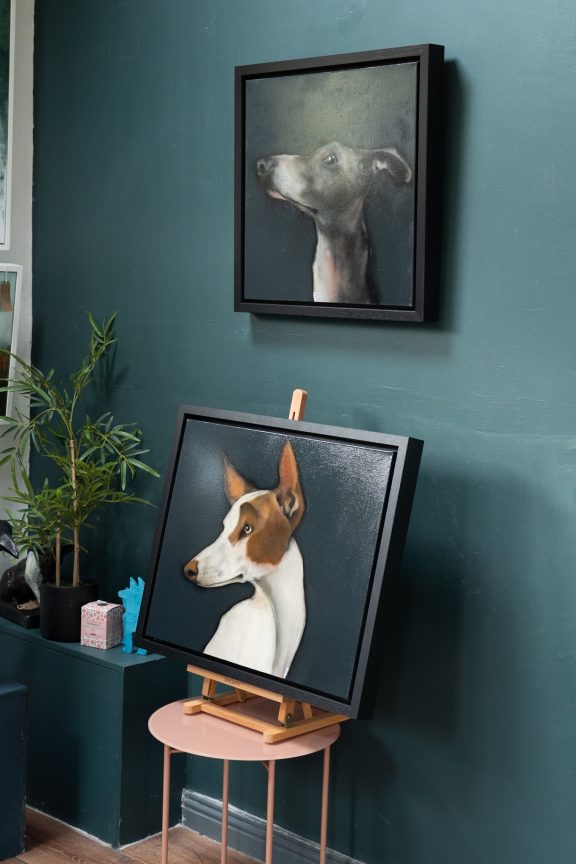 Heidi Wickham dog on black beautiful painting in acrylics original Irish art terrier dog face Irish art and Interiors beautiful homes gorgeous spaces contemporary art kilbaha gallery
