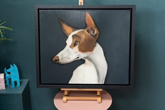 Heidi Wickham dog on black beautiful painting in acrylics original Irish art terrier dog face Irish art and Interiors beautiful homes gorgeous spaces contemporary art kilbaha gallery