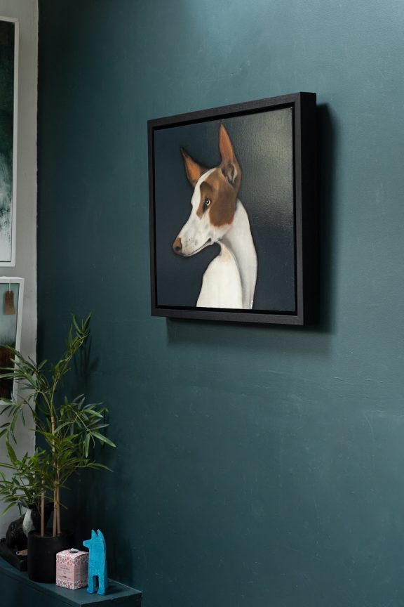 Heidi Wickham dog on black beautiful painting in acrylics original Irish art terrier dog face Irish art and Interiors beautiful homes gorgeous spaces contemporary art kilbaha gallery