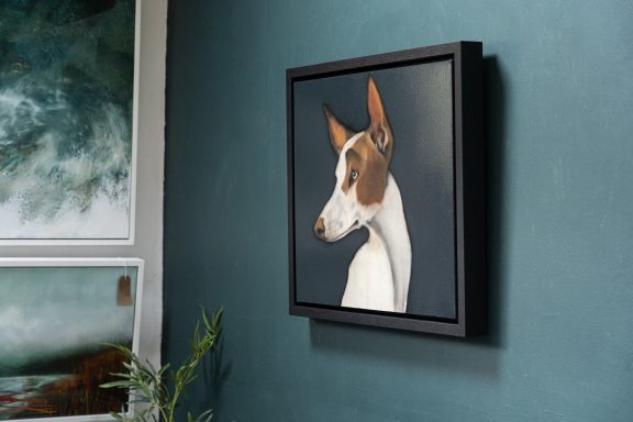 Heidi Wickham dog on black beautiful painting in acrylics original Irish art terrier dog face Irish art and Interiors beautiful homes gorgeous spaces contemporary art kilbaha gallery