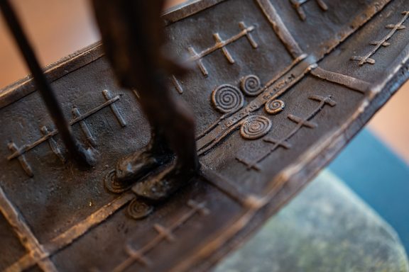 Clodagh Redden Boat Bronze standing figure large scale indoor outdoor sculpture beautiful original piece Ireland Irish art original Irish art bronze foundry contemporary take on traditional currach kilbaha gallery
