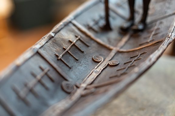 Clodagh Redden Boat Bronze standing figure large scale indoor outdoor sculpture beautiful original piece Ireland Irish art original Irish art bronze foundry contemporary take on traditional currach kilbaha gallery