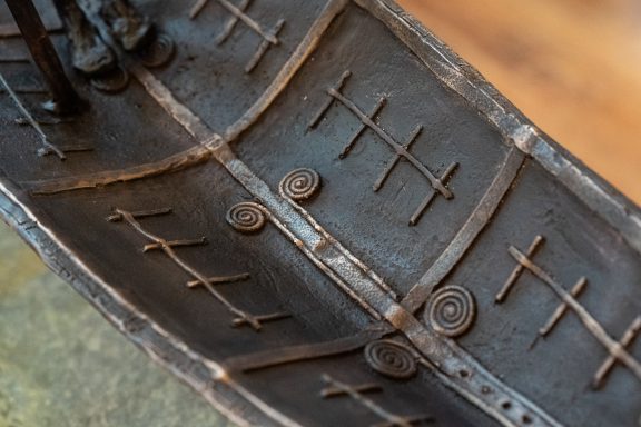 Clodagh Redden Boat Bronze standing figure large scale indoor outdoor sculpture beautiful original piece Ireland Irish art original Irish art bronze foundry contemporary take on traditional currach kilbaha gallery