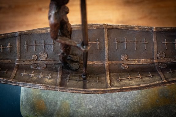 Clodagh Redden Boat Bronze standing figure large scale indoor outdoor sculpture beautiful original piece Ireland Irish art original Irish art bronze foundry contemporary take on traditional currach kilbaha gallery