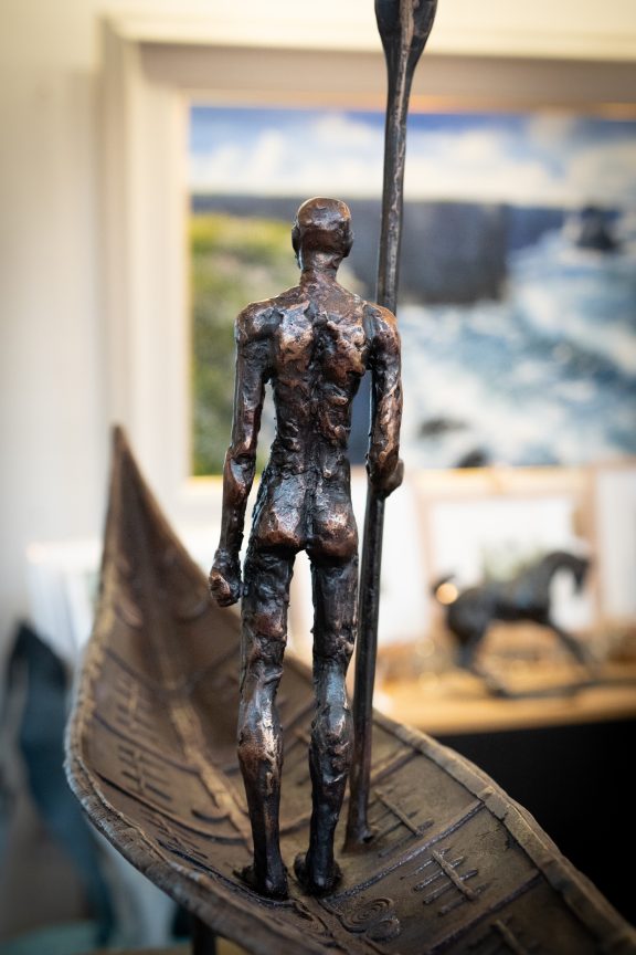Clodagh Redden Boat Bronze standing figure large scale indoor outdoor sculpture beautiful original piece Ireland Irish art original Irish art bronze foundry contemporary take on traditional currach kilbaha gallery