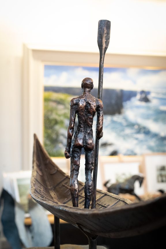 Clodagh Redden Boat Bronze standing figure large scale indoor outdoor sculpture beautiful original piece Ireland Irish art original Irish art bronze foundry contemporary take on traditional currach kilbaha gallery