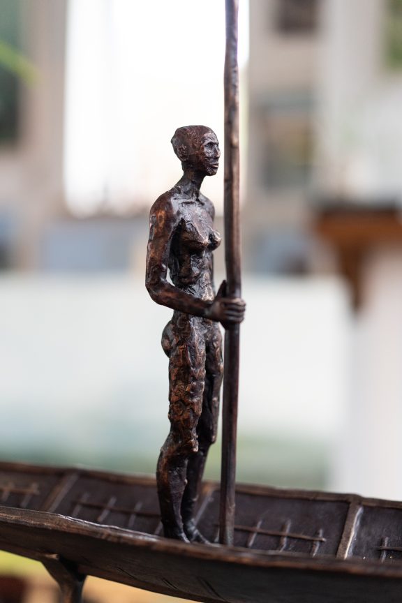 Clodagh Redden Boat Bronze standing figure large scale indoor outdoor sculpture beautiful original piece Ireland Irish art original Irish art bronze foundry contemporary take on traditional currach kilbaha gallery