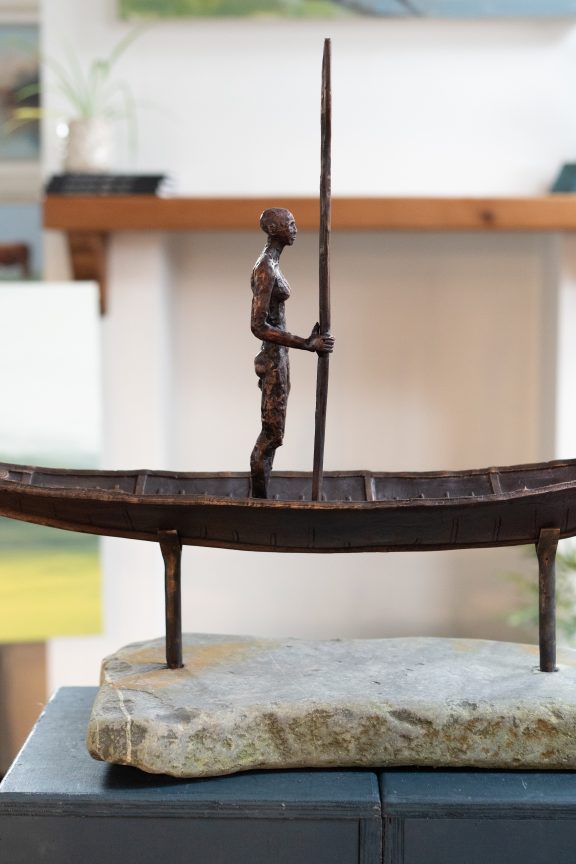 Clodagh Redden Boat Bronze standing figure large scale indoor outdoor sculpture beautiful original piece Ireland Irish art original Irish art bronze foundry contemporary take on traditional currach kilbaha gallery