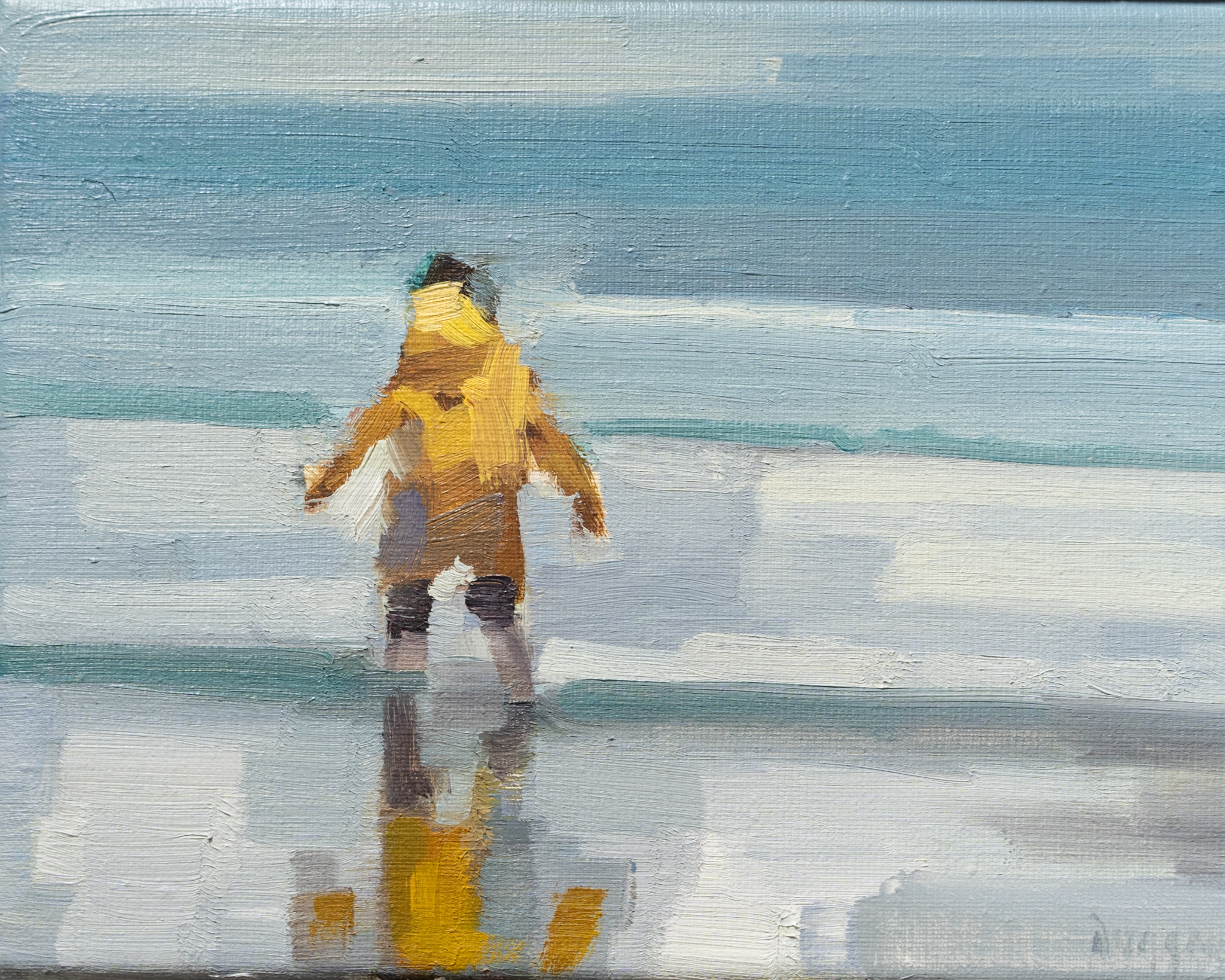 oil on canvas original by Bairbre Duggan Contemporary Irish Artist Ireland skyscape small miniature painting beautiful sea yellow raincoat