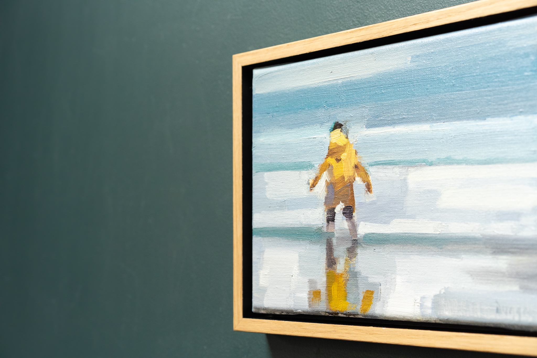 oil on canvas original by Bairbre Duggan Contemporary Irish Artist Ireland skyscape small miniature painting beautiful sea yellow raincoat