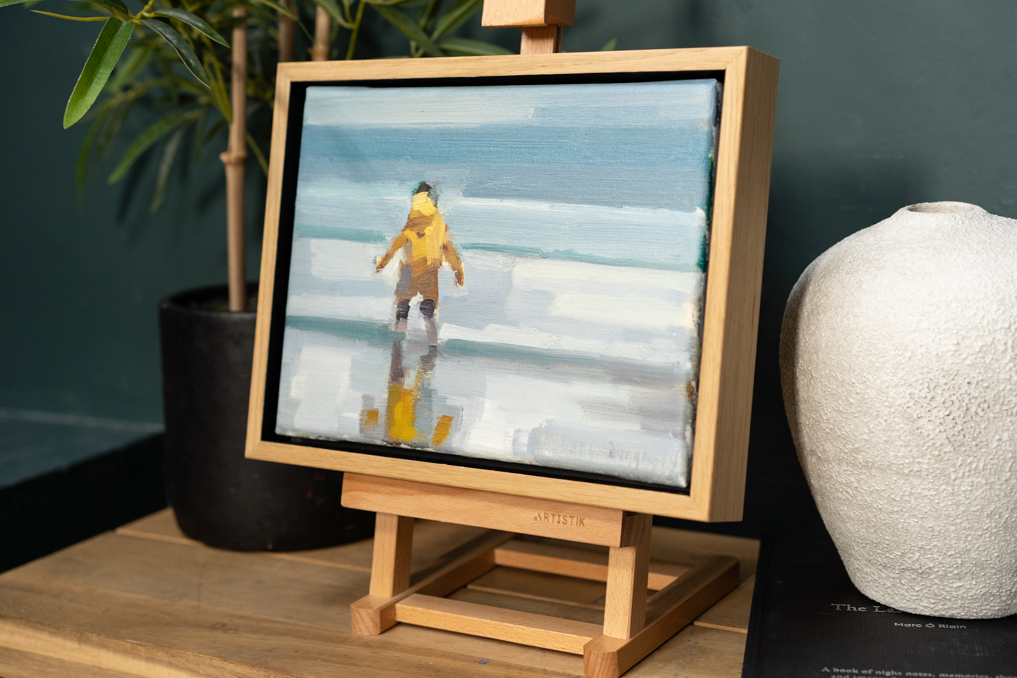 oil on canvas original by Bairbre Duggan Contemporary Irish Artist Ireland skyscape small miniature painting beautiful sea yellow raincoat