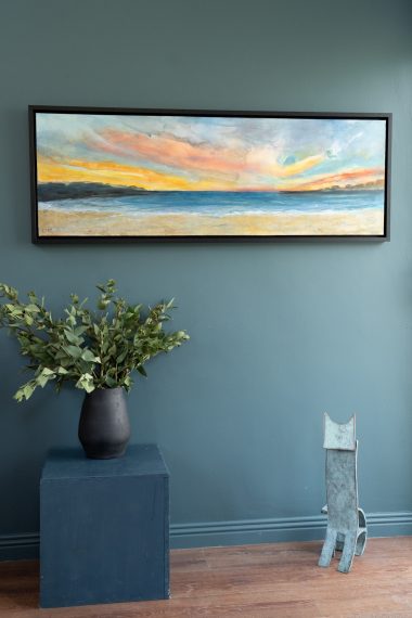Kilkee Claire McMahon acrylics original art painting beautiful colours sunset in oils landscape skies golden hour Irish Ireland Wild Atlantic Way Kilbaha Gallery
