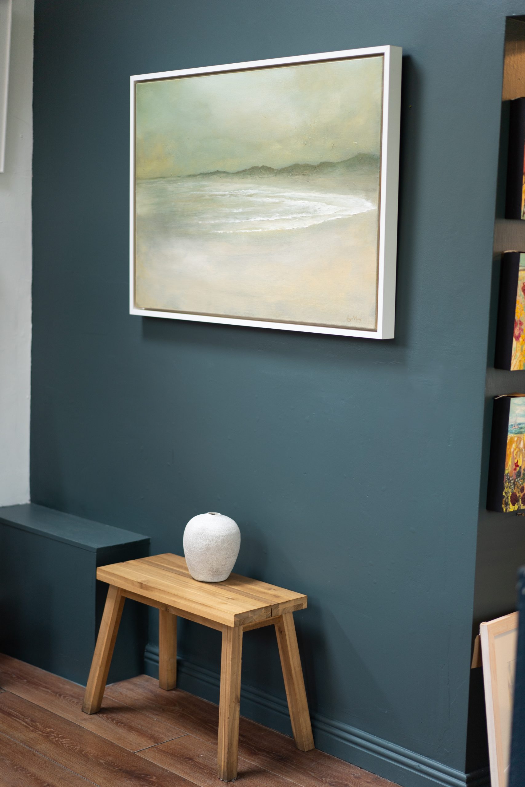 Hazel Murray Irish artist seascape framed original acrylics beautiful painting beach Doughmore Dunes Irish Interiors sandy muted tones Kilbaha Gallery