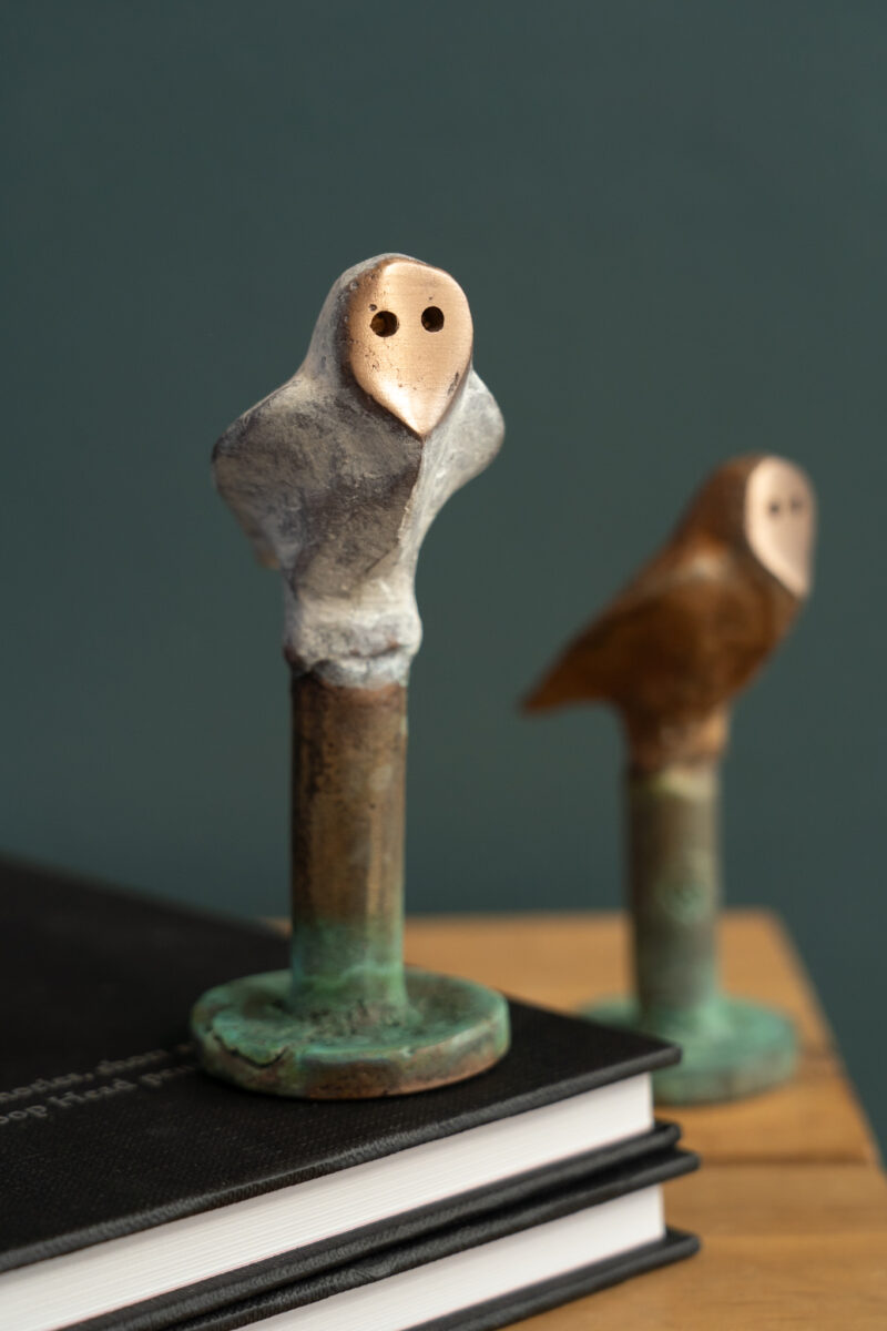 Bronze Owl baby by sculptor Adam Pomeroy beautiful contemporary miniature bronze sculptures original Irish art and interiors Kilbaha Gallery
